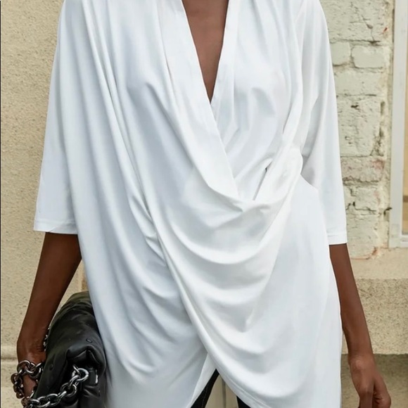 Cotton blend half sleeve deep Vneck solid blouse - Picture 6 of 7